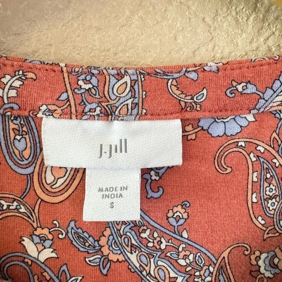 J Jill Paisley Print Dress Short Sleeve Pink Casual Stretch Pockets Size S - Picture 3 of 12